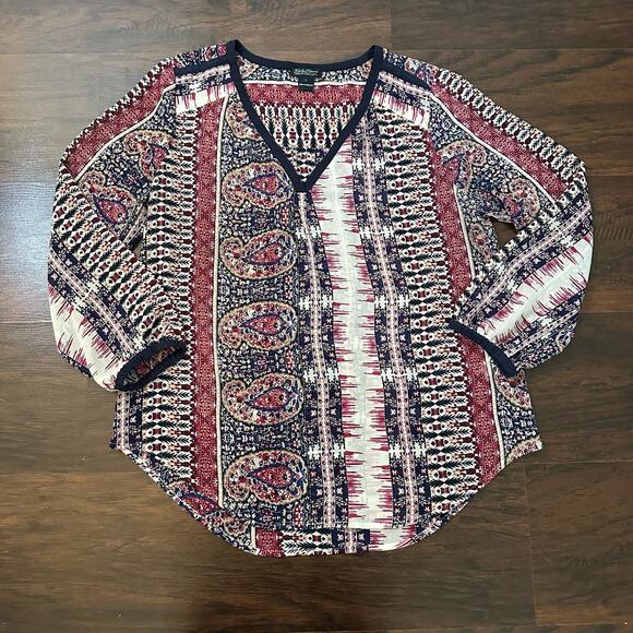 Lucky Brand cream, maroon & navy print long sleeve sheer top size L - Picture 5 of 10